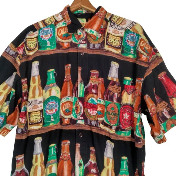 Sergio Valente Beer Shirt Men Large Black Party Brew Bottles Aloha Button Up - Picture 1 of 10
